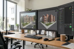 Professional architectural studio with AI design software on monitors