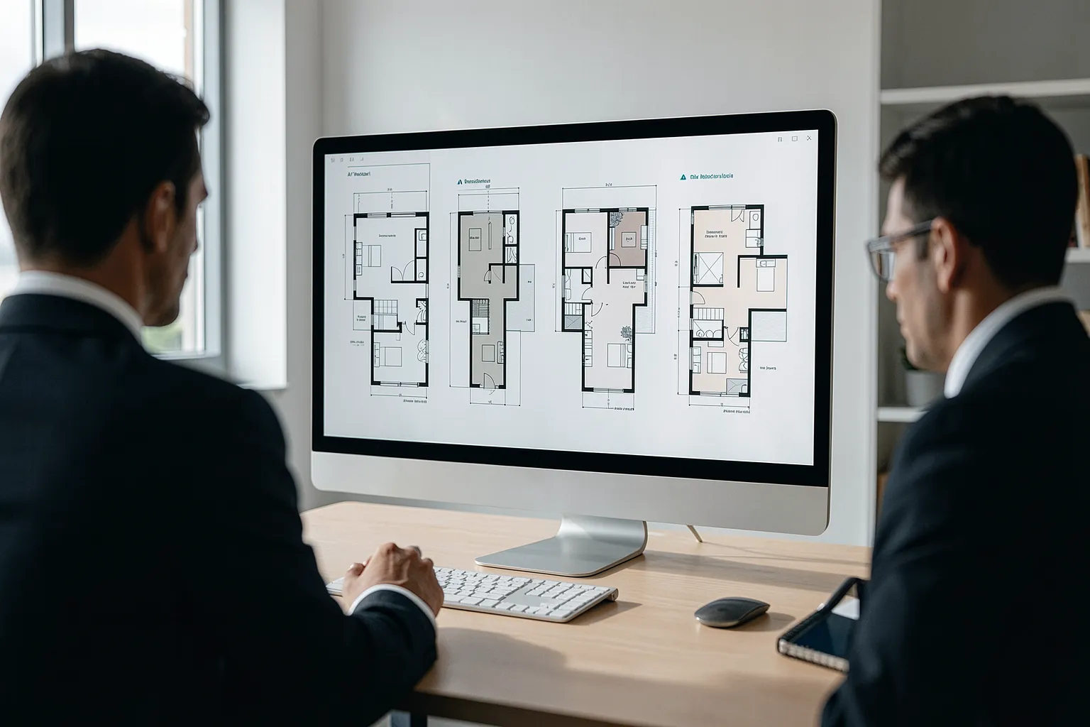 Modern architecture studio screen showing several AI-generated floor plan layout options