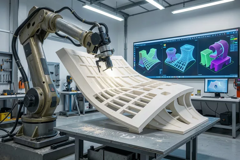 Robotic arm fabricating a complex curved architectural facade panel in a modern digital fabrication studio
