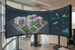 Architectural office with digital twin building model displayed on large curved screens
