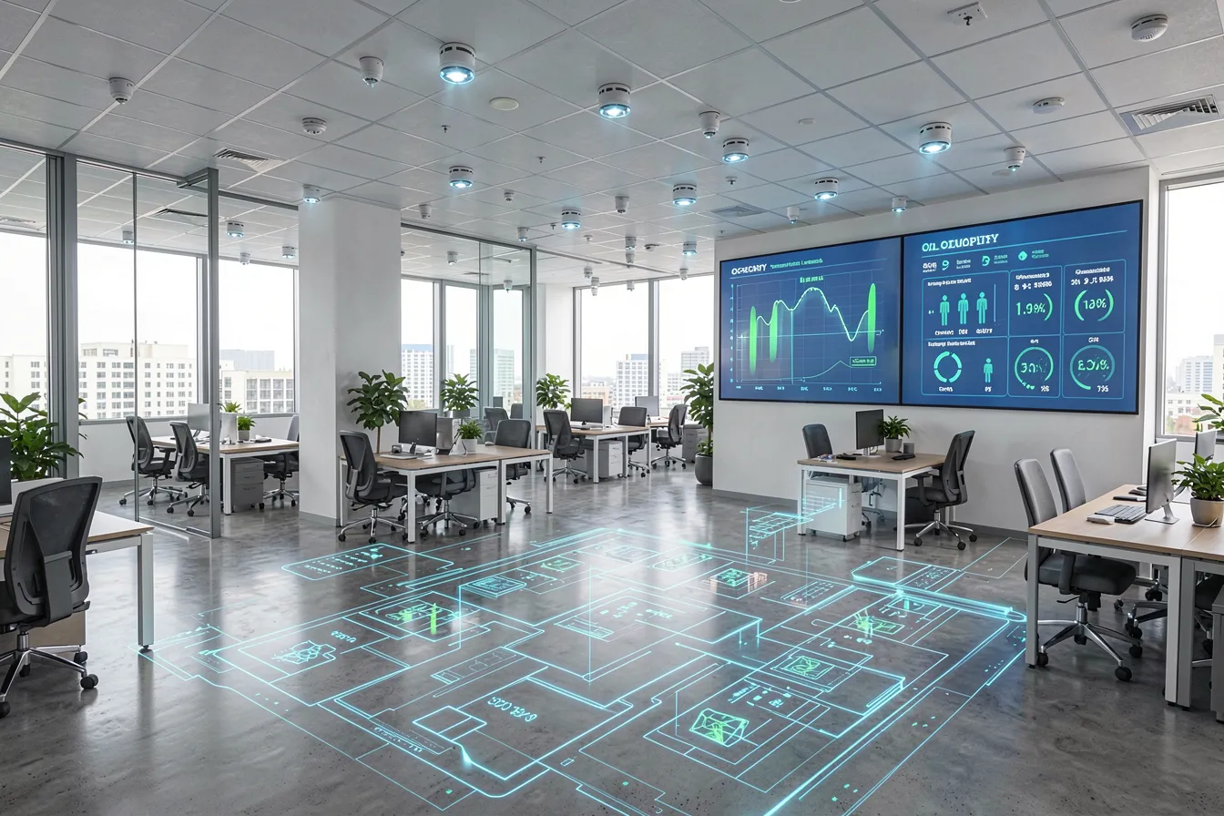 Smart office interior with IoT sensors and real-time building data visualization
