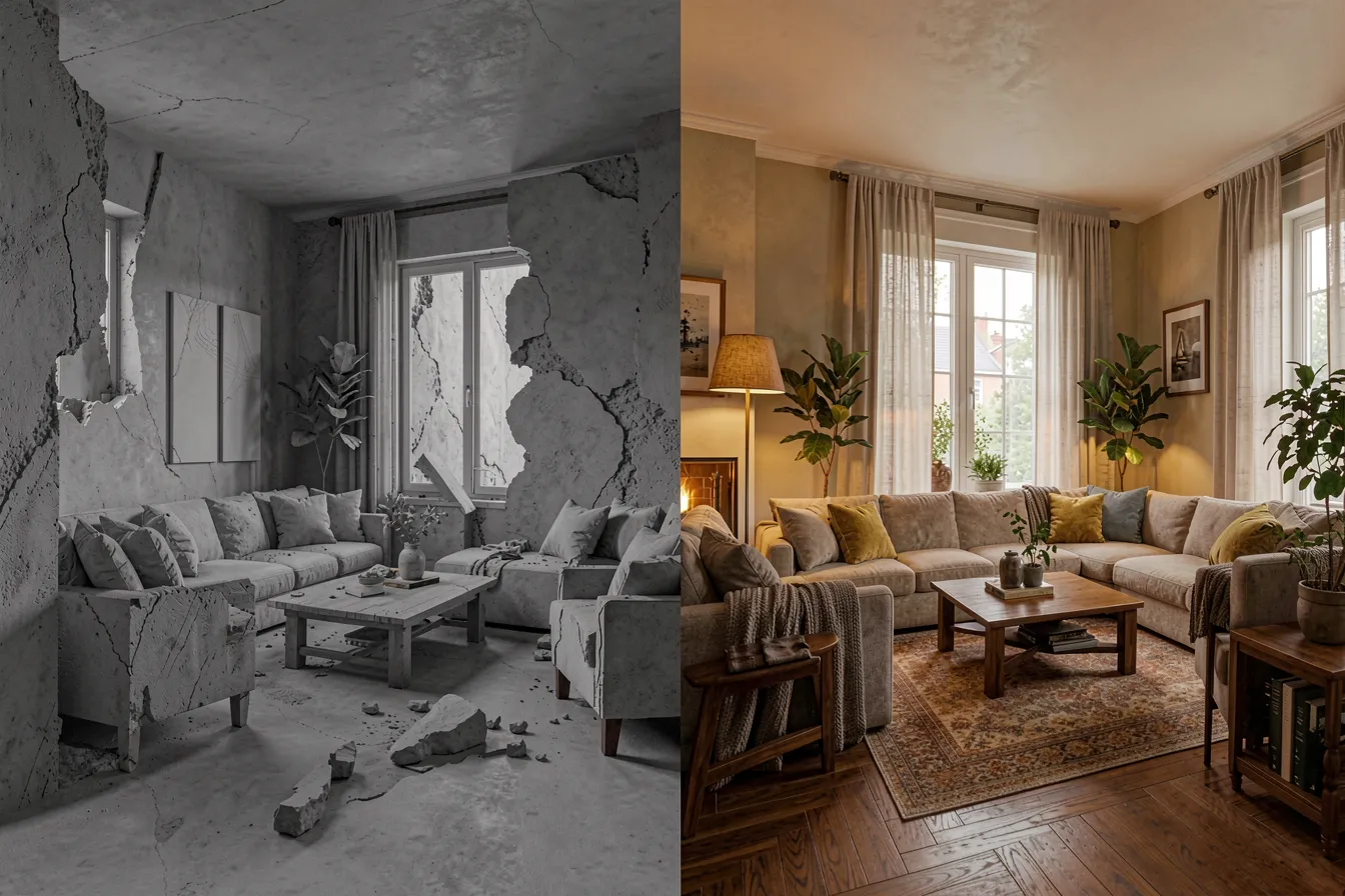 Gray 3D massing model transforming into a photoreal rendered living room