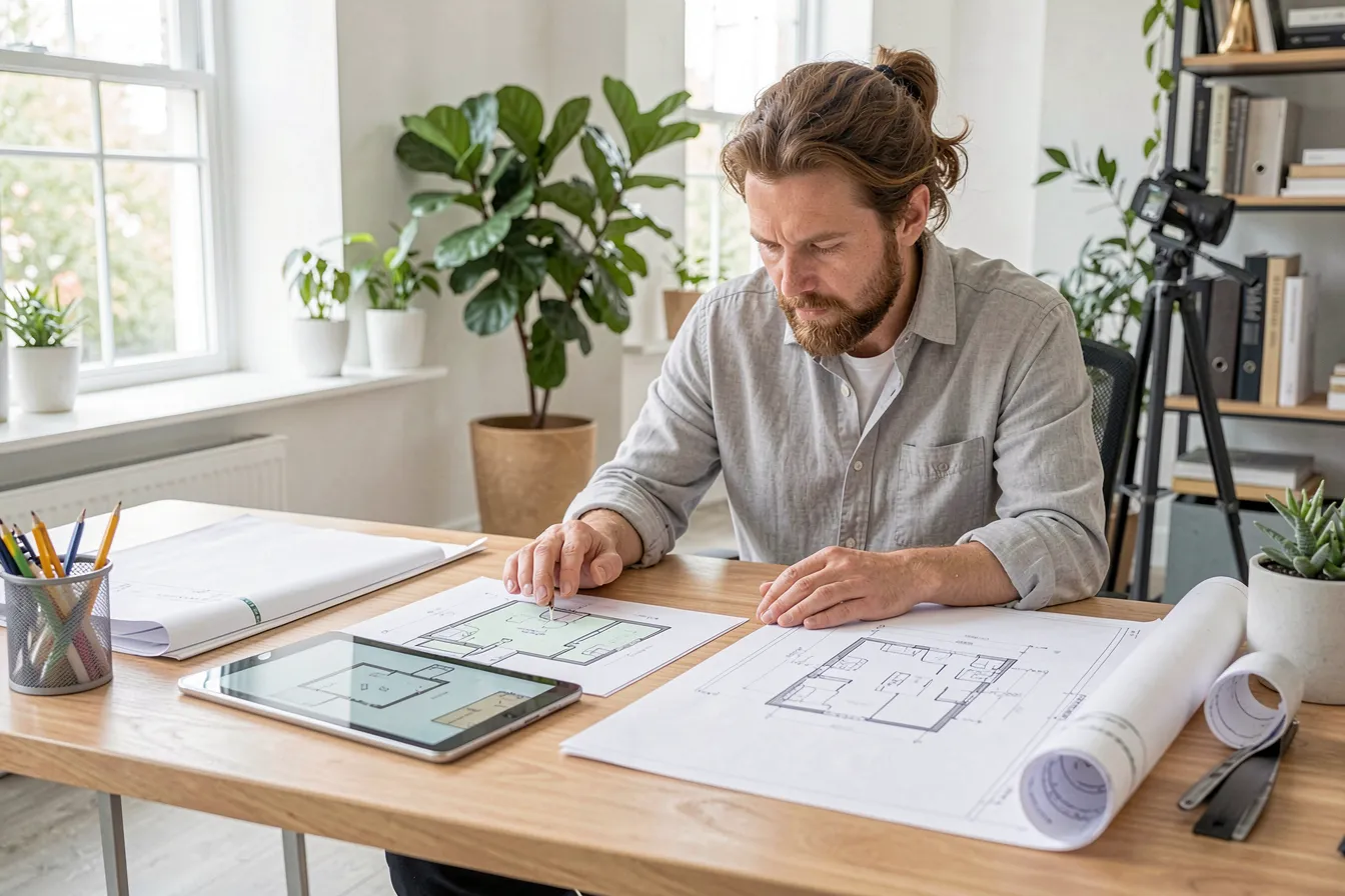 Interior designer comparing generative floor plan options side by side in a studio