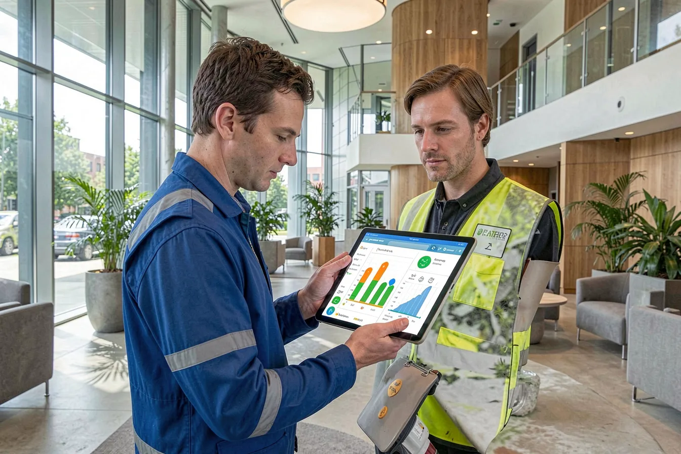 Facilities manager reviewing building performance dashboard on tablet in modern lobby