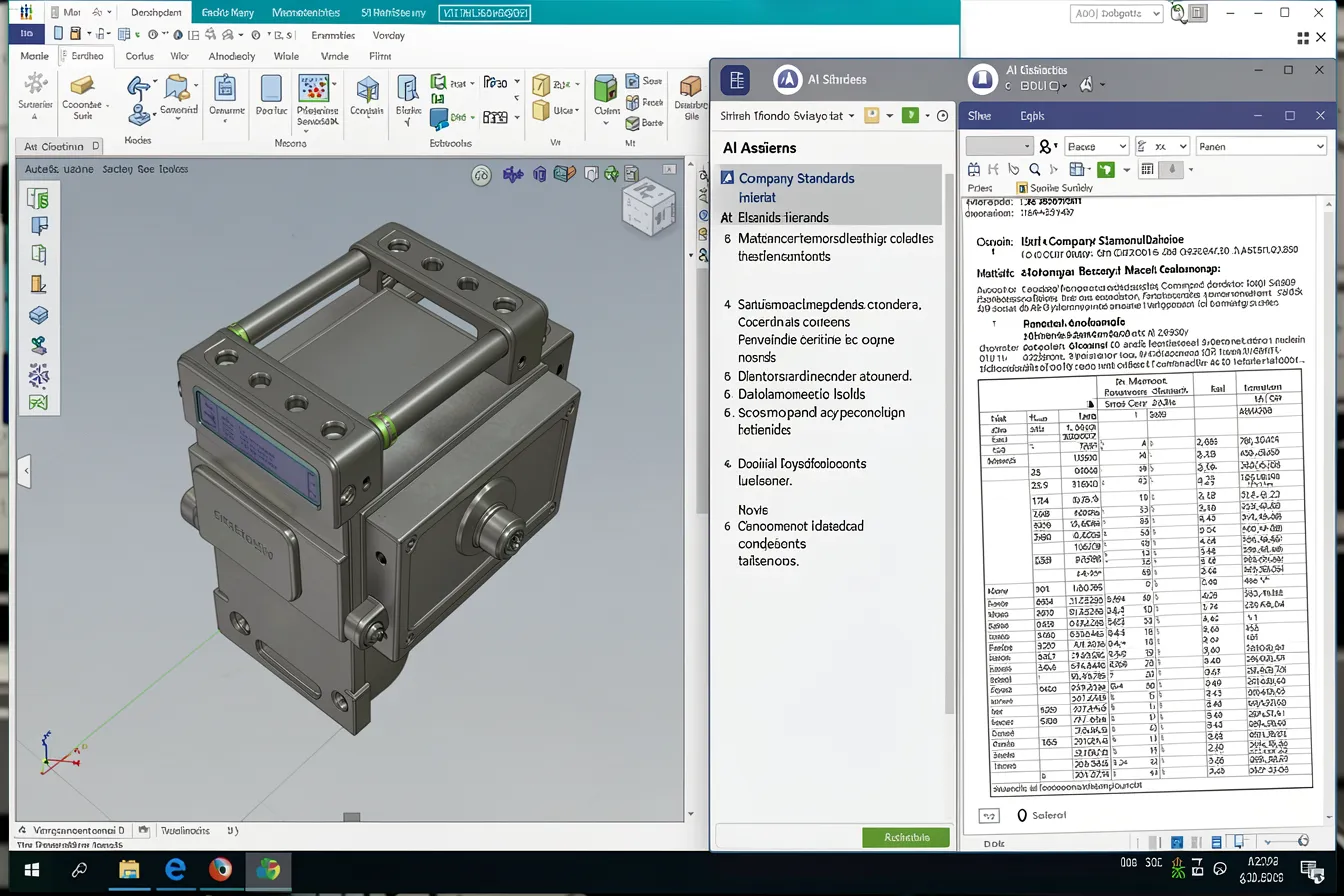 CAD screen split view with a 3D product model and an AI assistant citing a company standard and a material datasheet