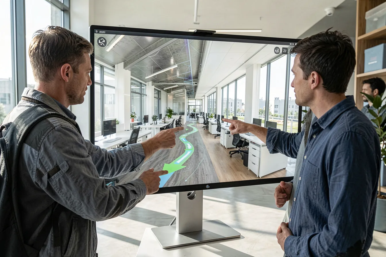 An architect and a client review a monitor showing an AI video walkthrough gliding through a modern open-plan interior
