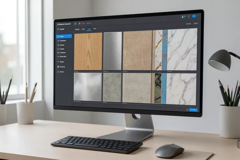 AI material generation interface showing photorealistic PBR material swatches on a designer workstation