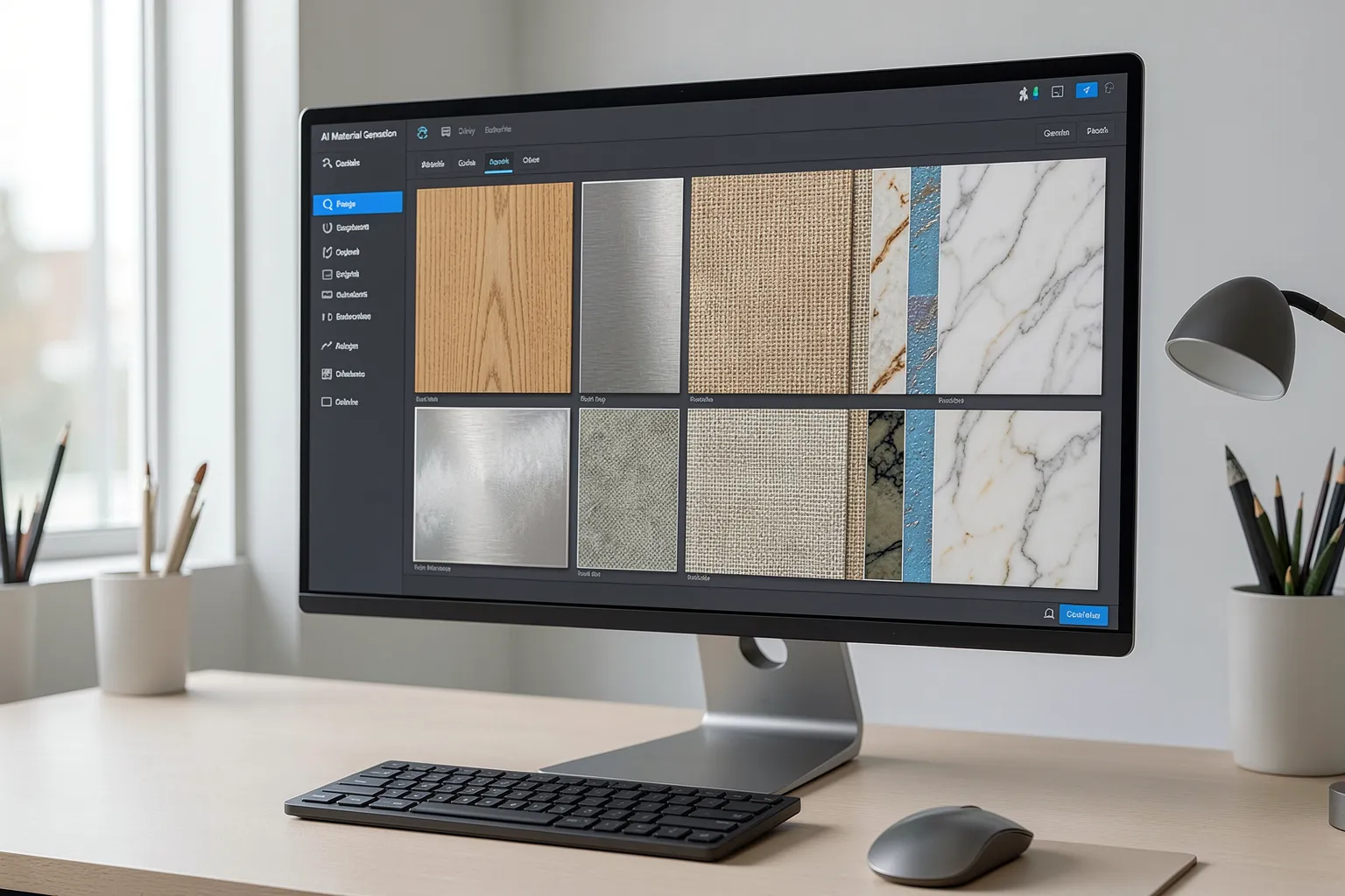 AI material generation interface showing photorealistic PBR material swatches on a designer workstation