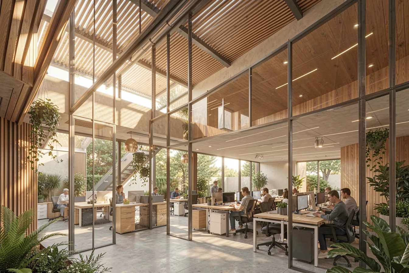 Sustainable office building with a shaded south facade and deep, even natural daylight
